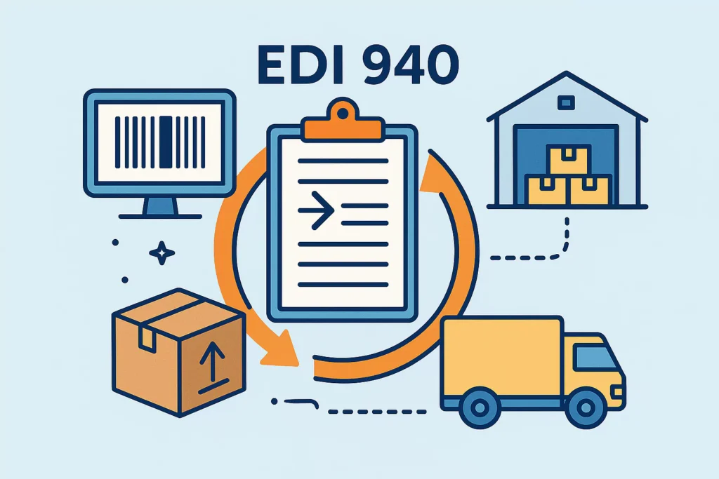 EDI 940 written above a clipboard surrounded by a box, screen with barcode, warehouse, and truck