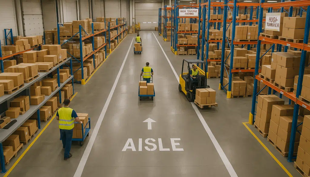 Overhead view of efficient warehouse layout with marked aisles and organized zones.
