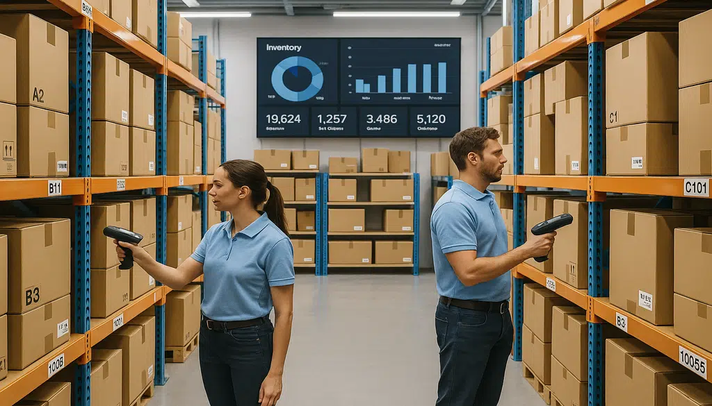 Warehouse staff using barcode scanners and digital inventory dashboard for efficient management.