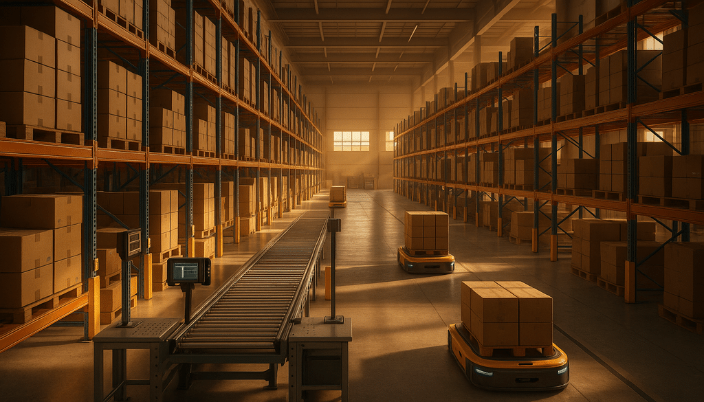 "Modern warehouse interior with automated systems and organized racks at golden hour."