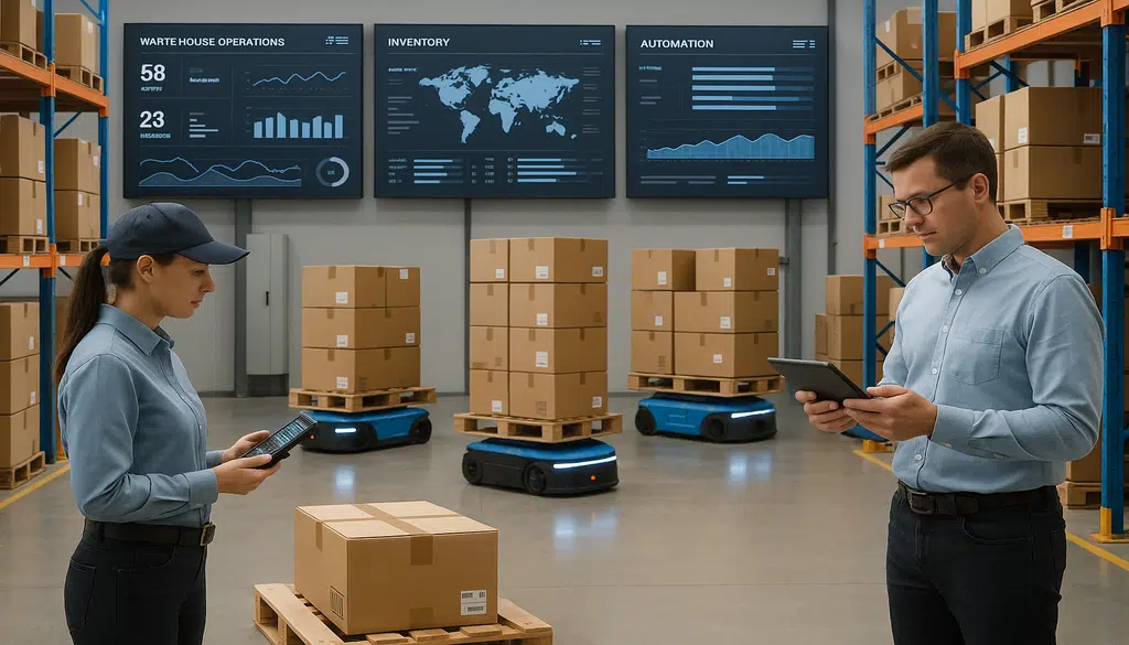 Warehouse with robots, staff using devices, and real-time analytics for technology-driven optimization.