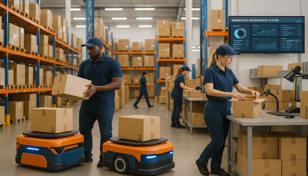 Modern warehouse workers using automated robots and management system for efficient 3PL operations