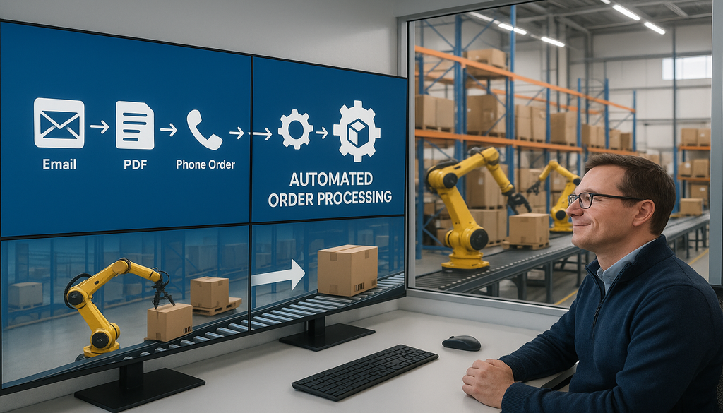 Man monitoring automated order processing system with robotic warehouse fulfillment technology