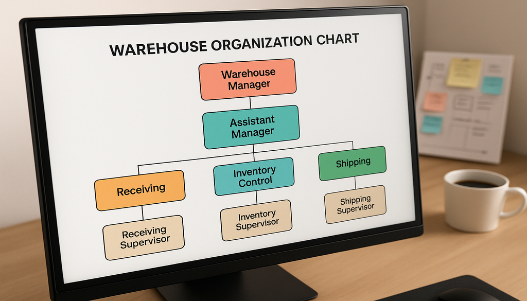 Warehouse organization chart displaying management hierarchy from manager to supervisors on computer monitor