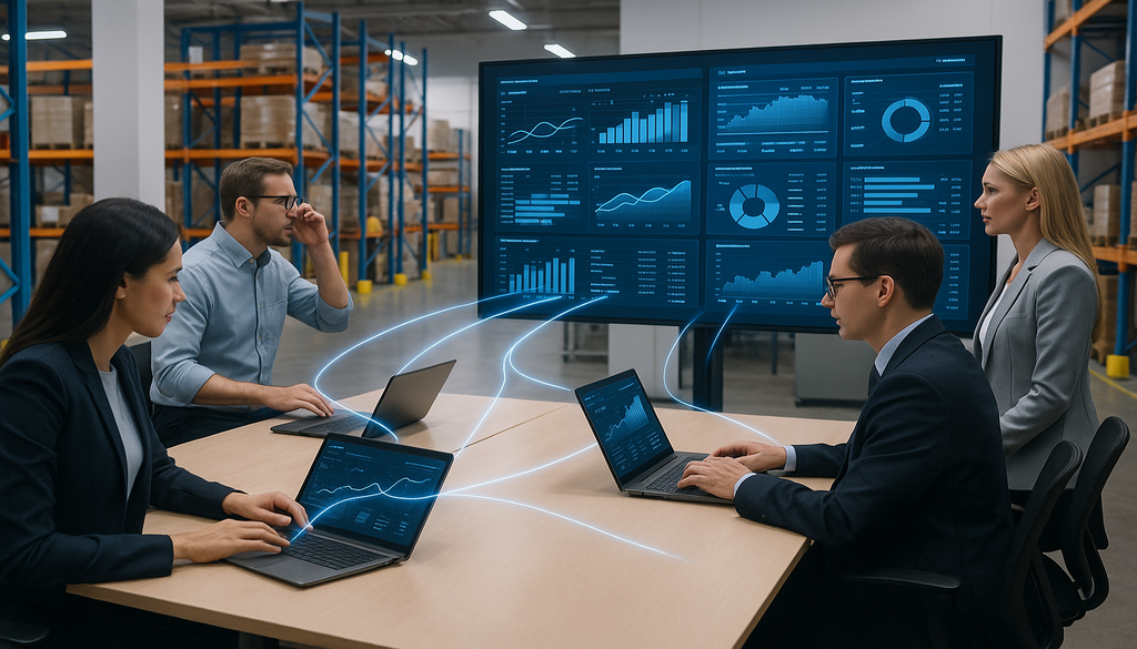 Business professionals analyzing supply chain data dashboards in warehouse meeting room