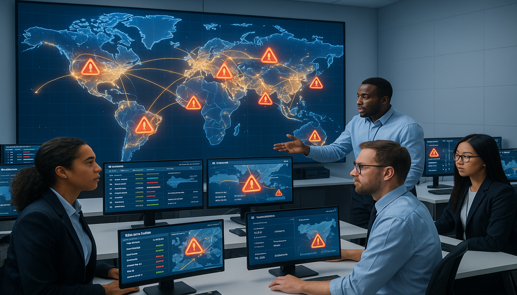 Supply chain risk management team monitoring global threats on digital world map dashboard