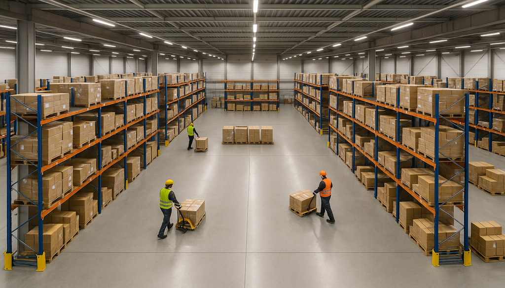 Modern warehouse interior with workers, shelving systems, and organized inventory storage