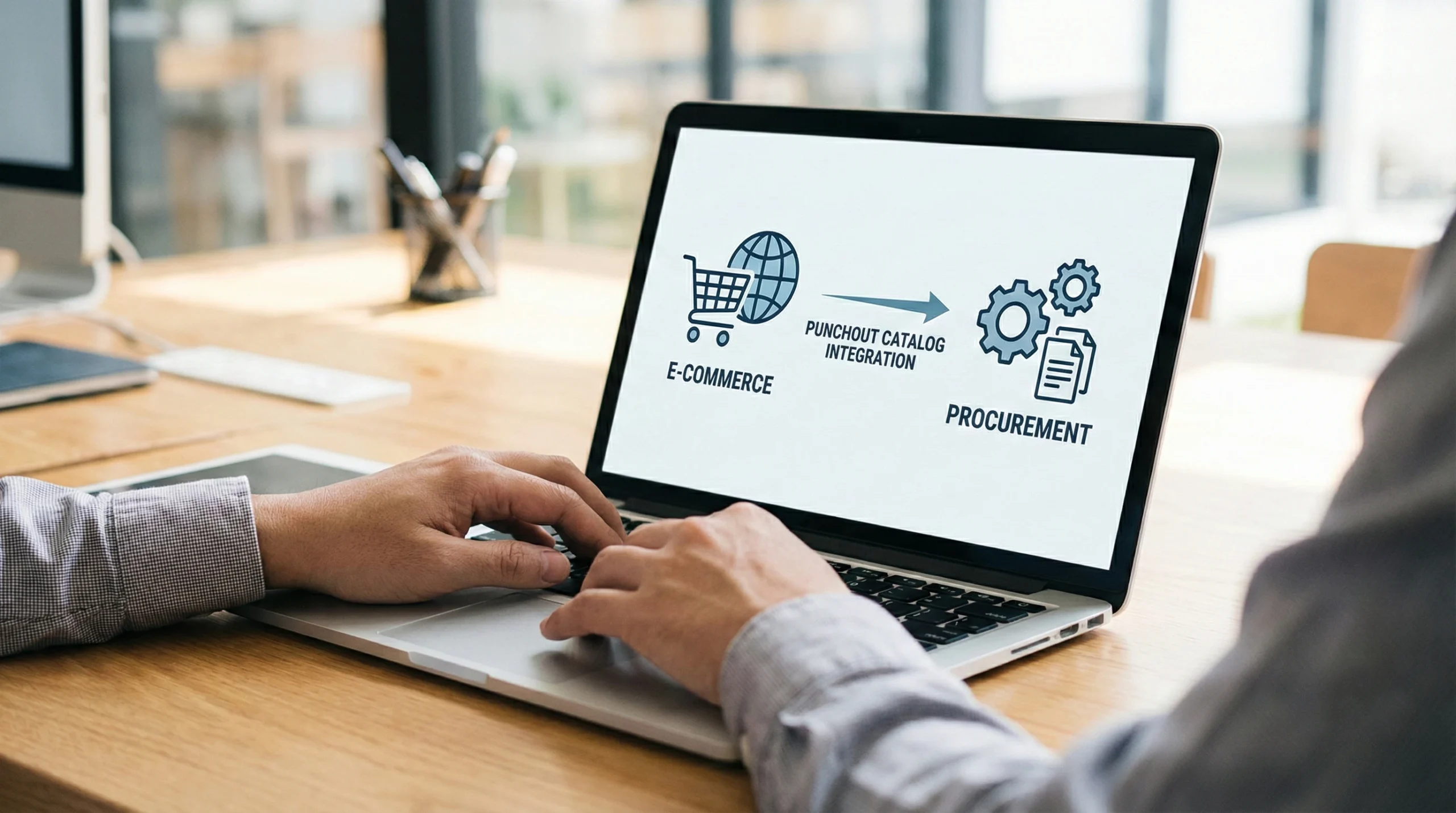 Person typing on laptop with e-commerce and procurement icons representing punchout catalog integration
