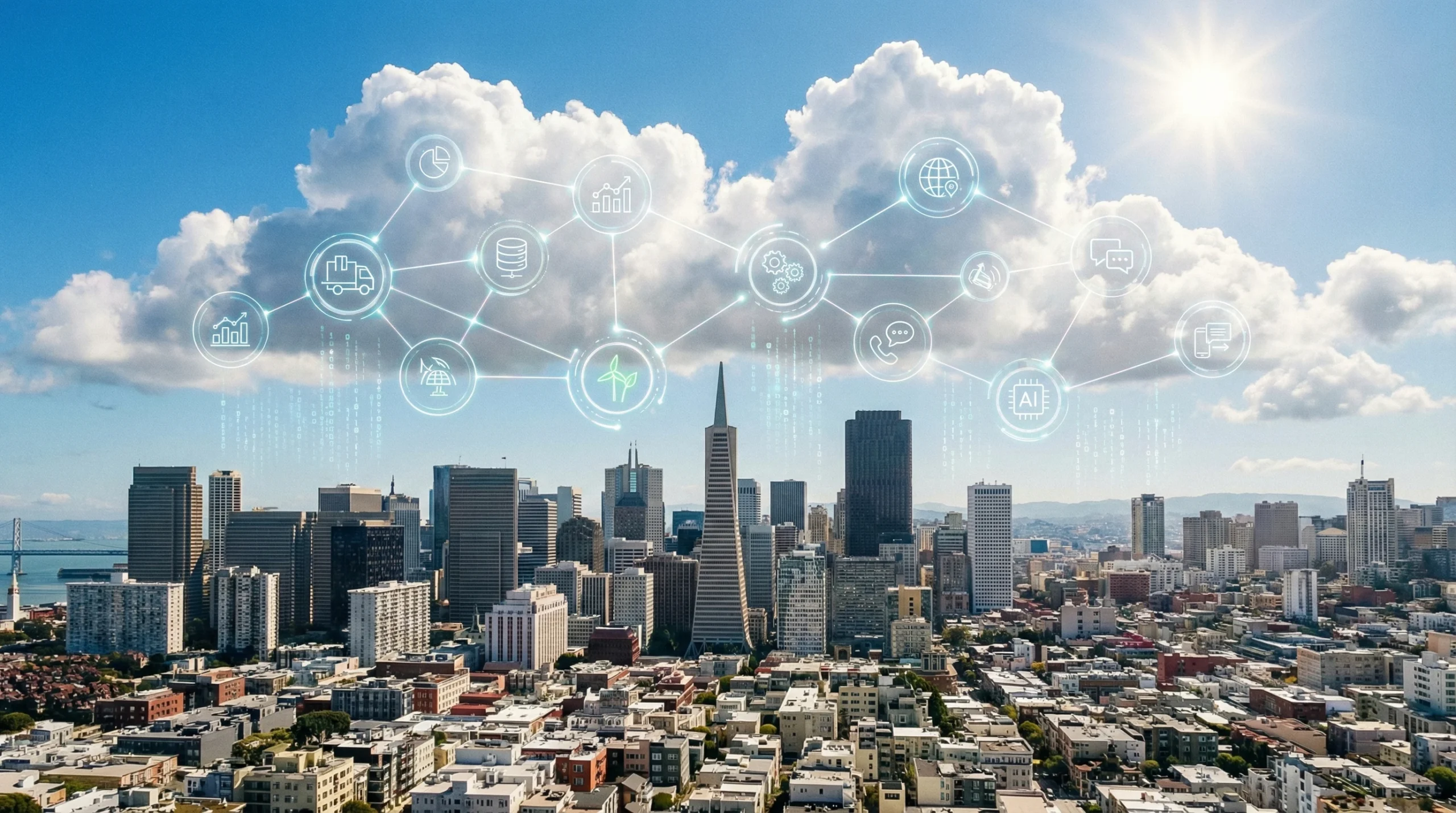 city overlaid with icons in the clouds showing interconnected processes