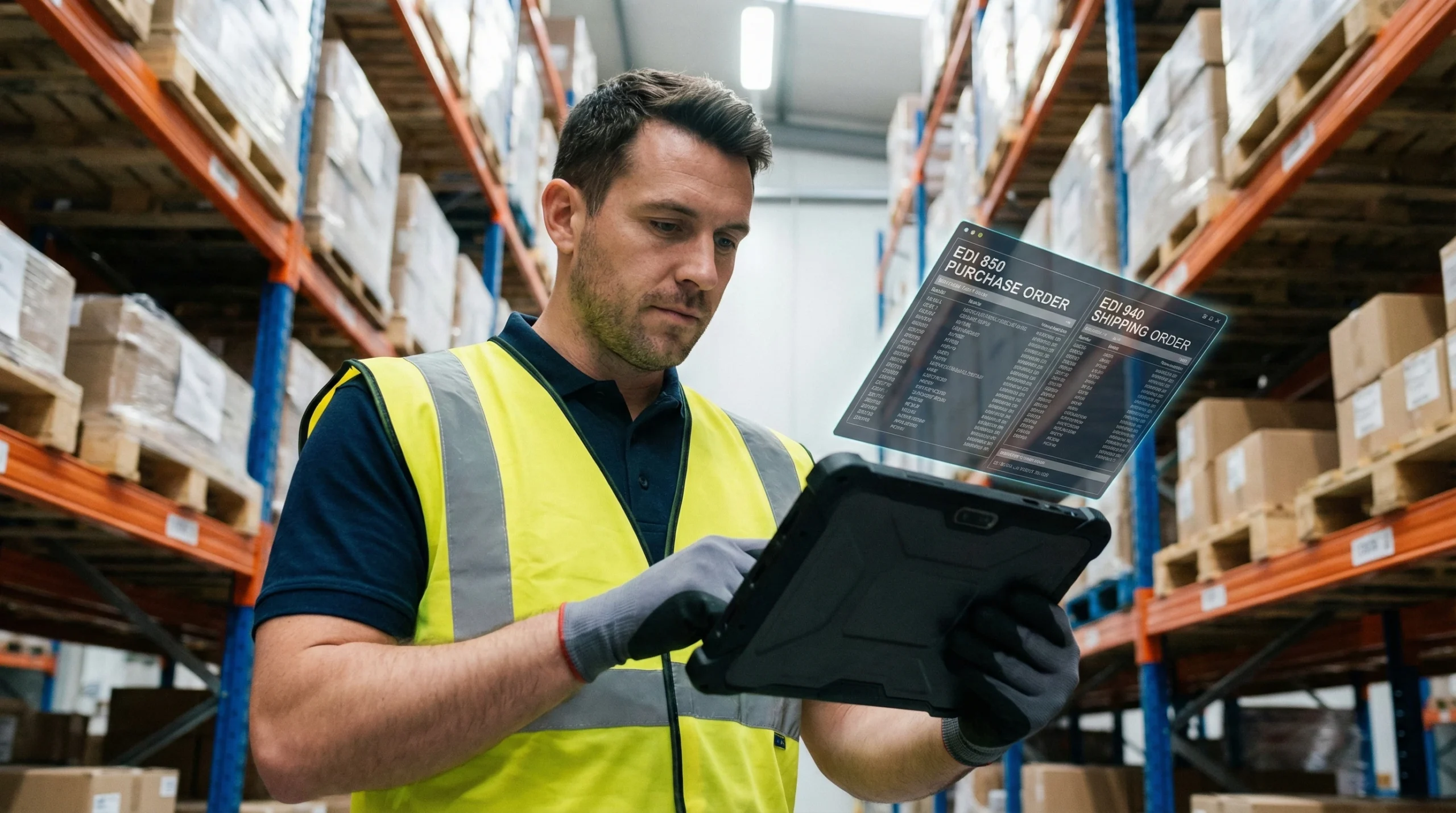 warehouse worker on a rugged device reviewing EDI transactions with warehouse shelves in the background