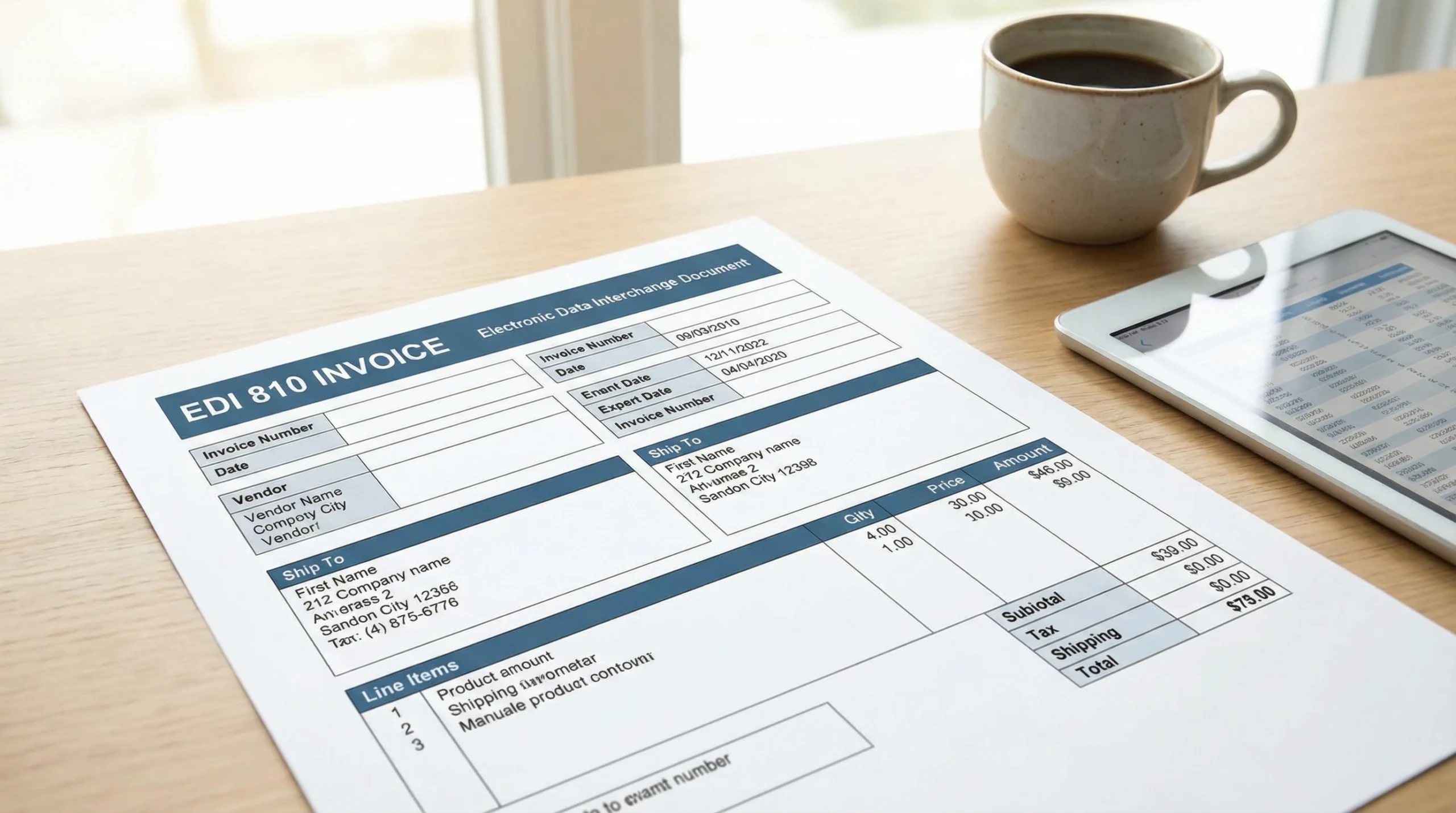 EDI 810 electronic invoice form document on desk with coffee and tablet