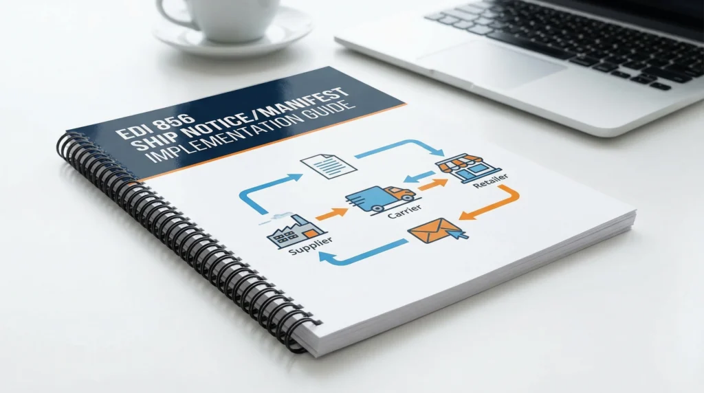 EDI 856 implementation guide showing supplier-carrier-retailer workflow diagram with laptop and coffee