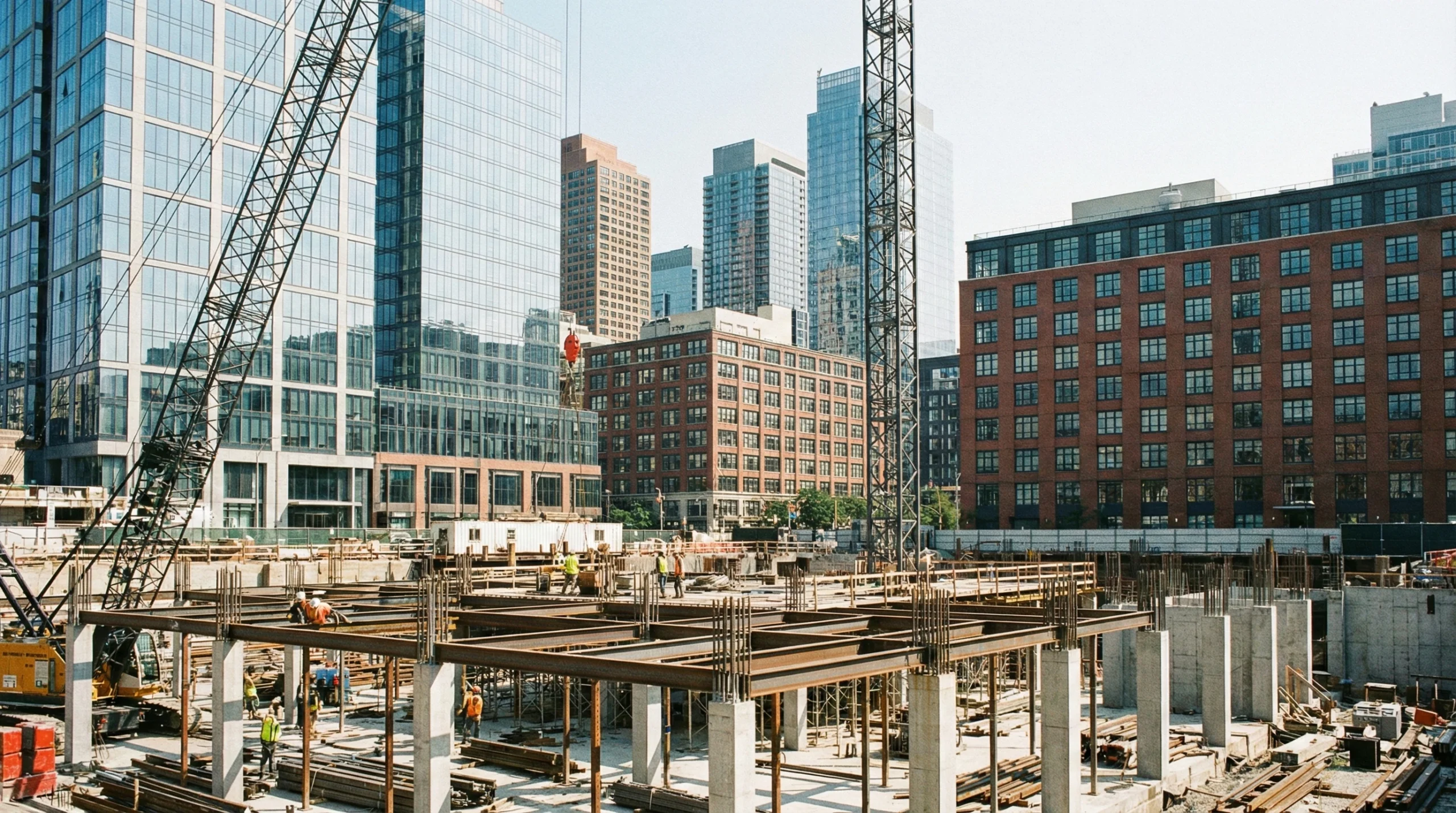 a construction site with buildings in the background
