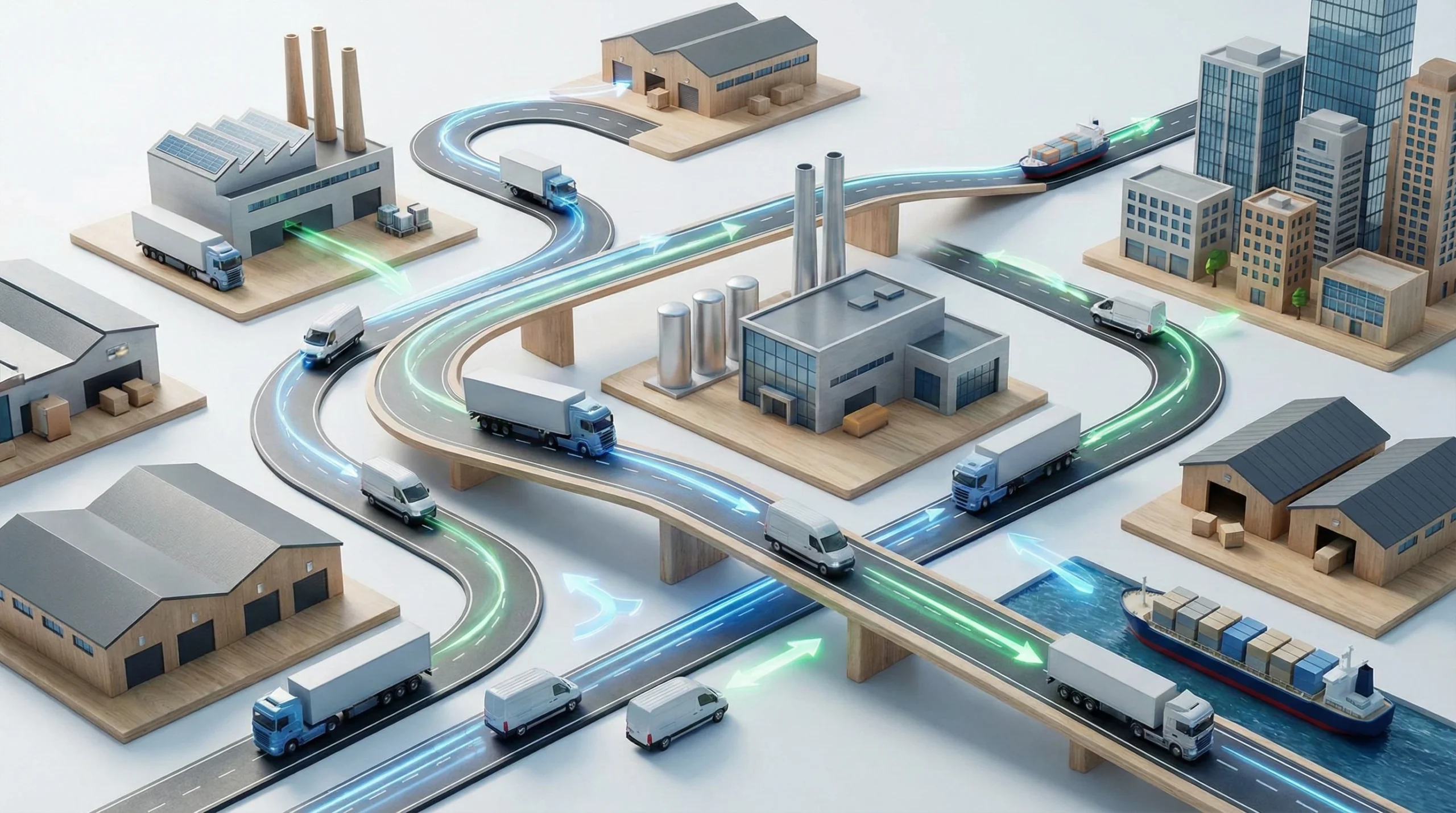 graphic with roads and buildings, trucks and factories with lines showing movement across these different areas