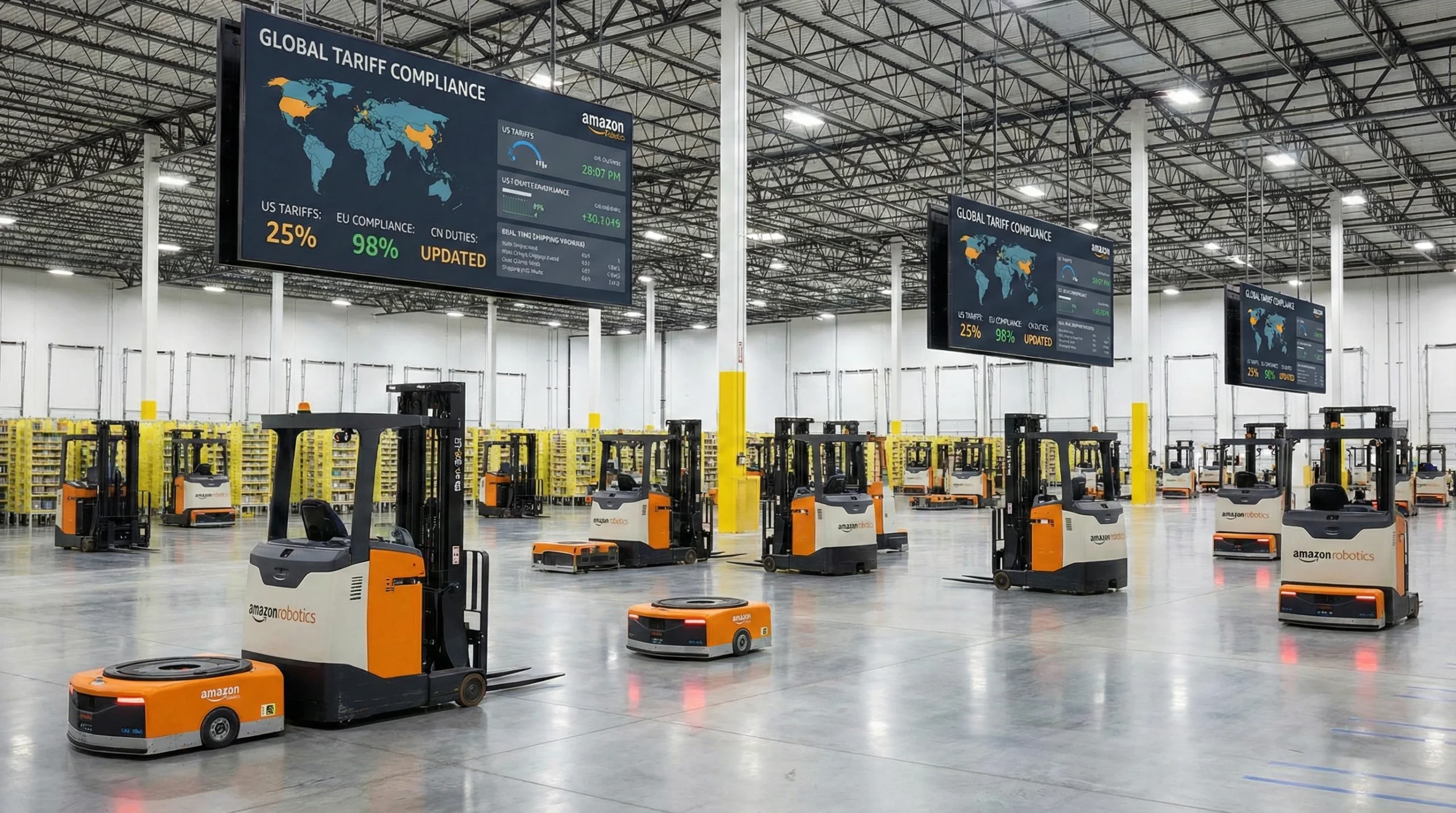 Automated global warehouse with robotic forklifts and screens displaying tariff compliance data.