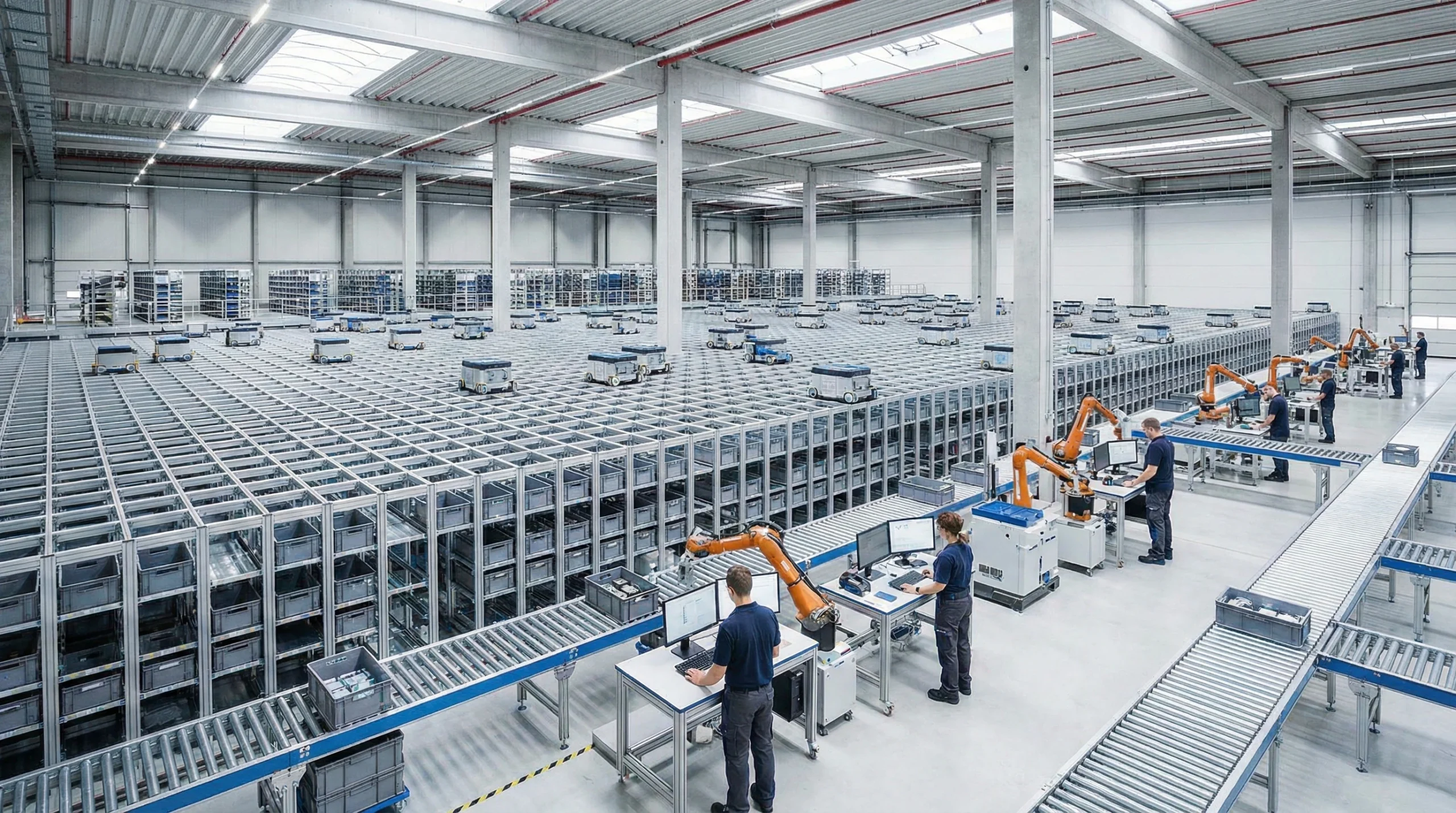Robotic shuttles and workers in a high-throughput, automated warehouse environment.