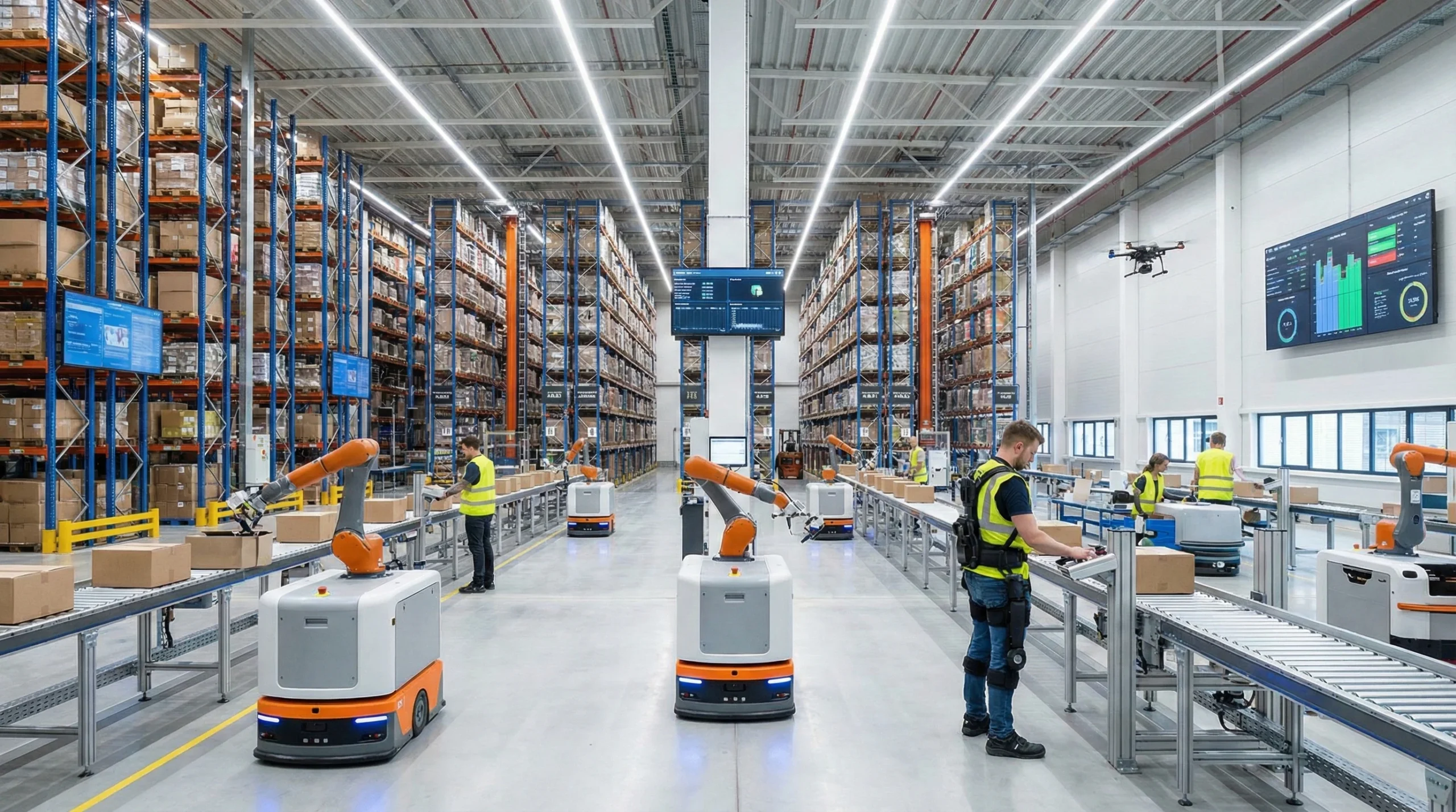 Modern warehouse optimization with robots and workers in high-density shelving aisles.