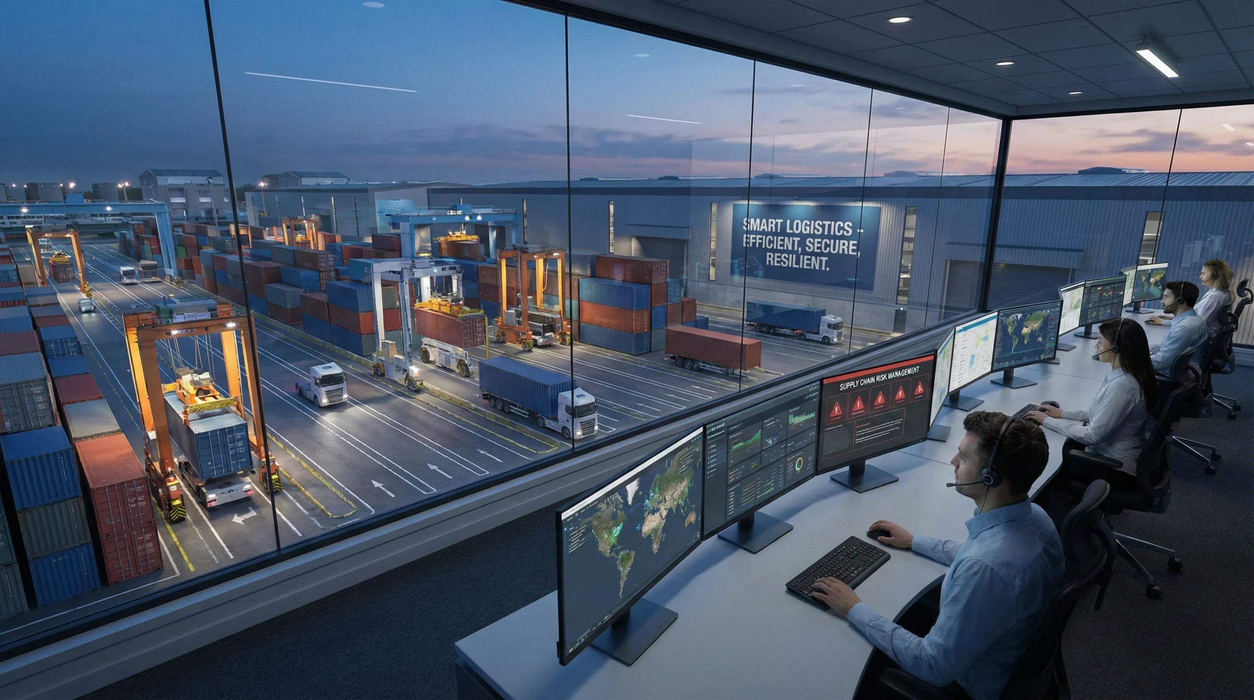 Modern logistics control center monitoring automated shipping container operations for supply chain management