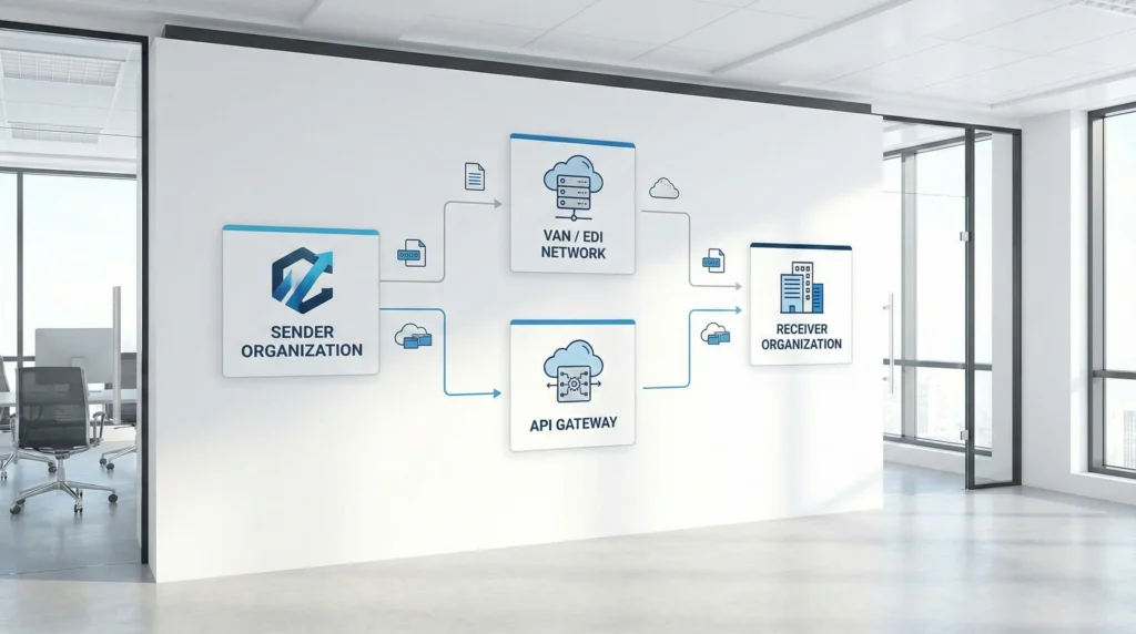 EDI integration flow diagram showing sender and receiver organizations connected through VAN and API gateway layers