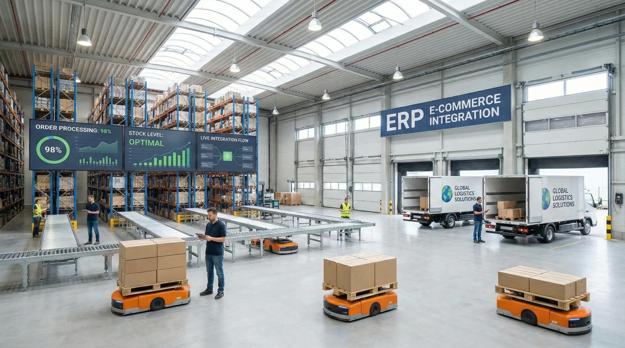 Automated warehouse showcasing ERP eCommerce integration with robots and workers near delivery trucks.