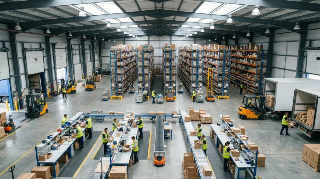 Aerial view of a bustling warehouse showing teams in receiving, picking, packing, and shipping zones.