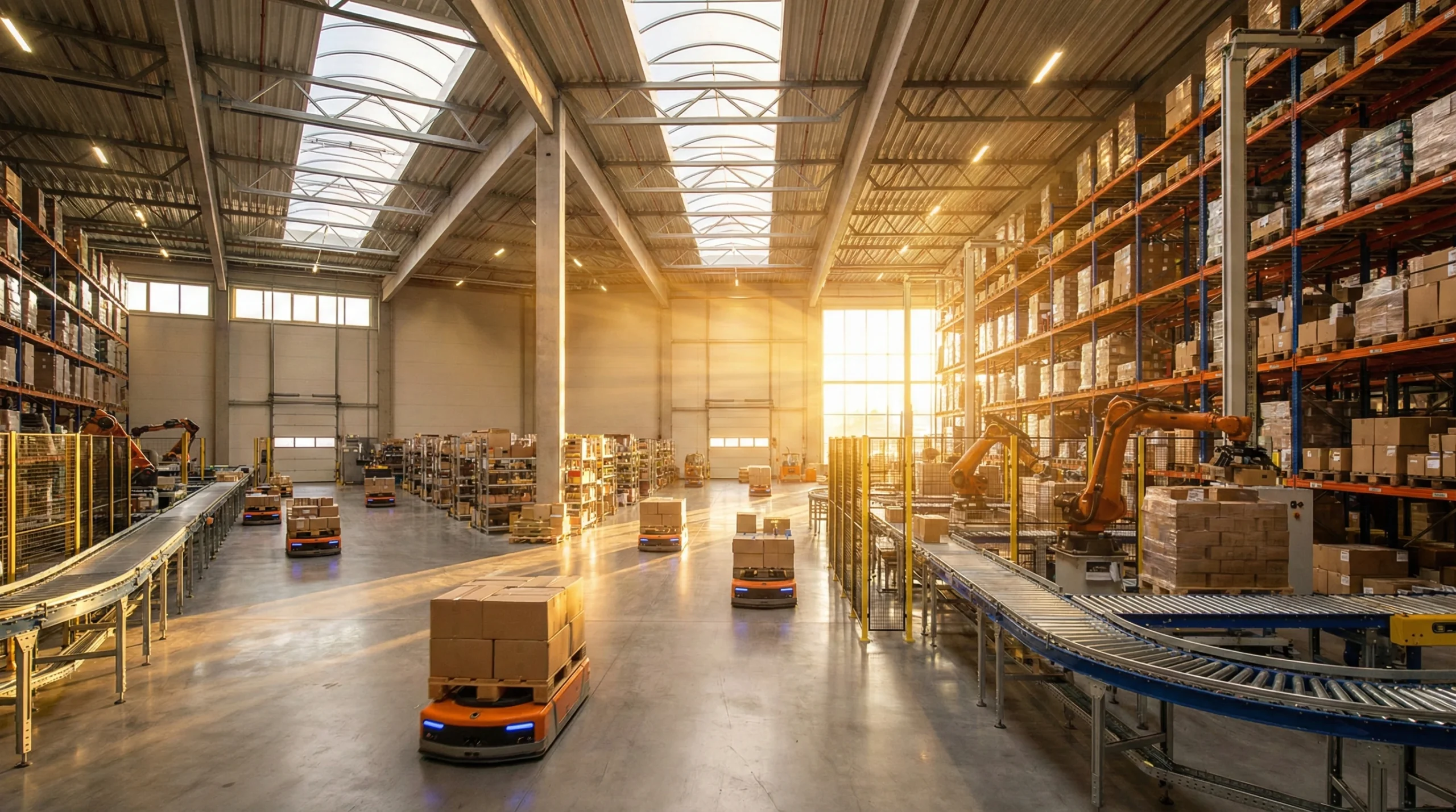 Modern warehouse interior with automated systems and organized racks at golden hour.