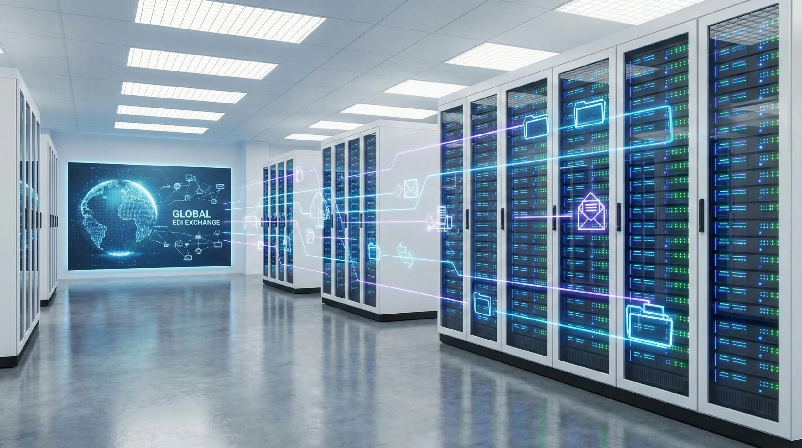 EDI servers with digital data exchange networks and electronic document icons