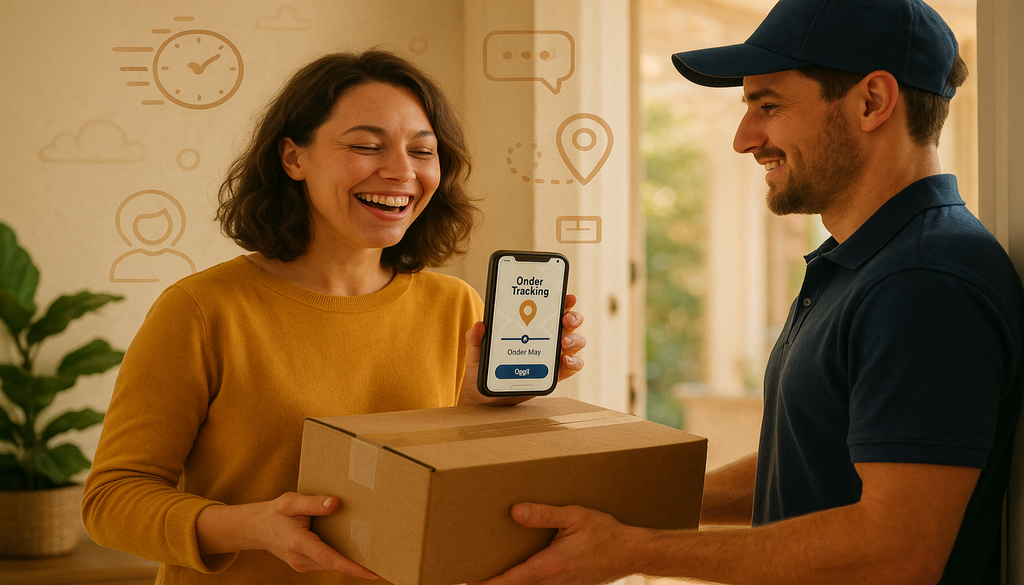 Delivery person handing package to smiling customer with order tracking app displayed