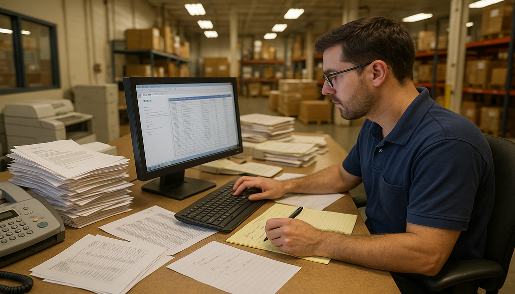 Warehouse employee processing orders on computer with spreadsheets and inventory management system