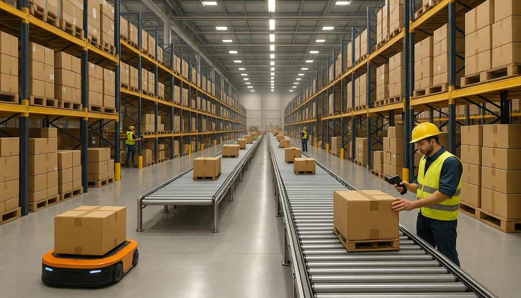 Modern warehouse with automated conveyor systems and workers managing 3PL logistics operations