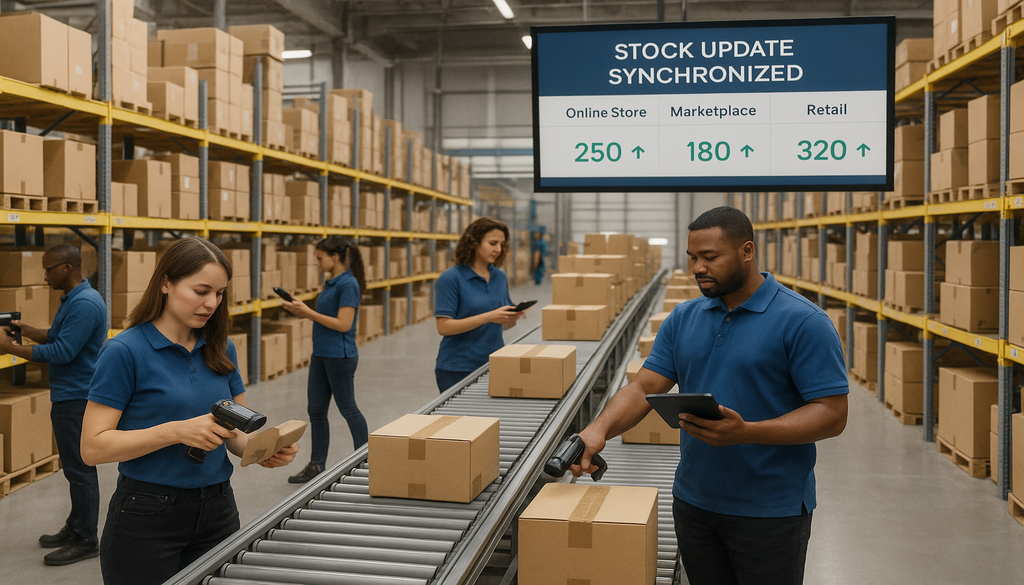 Warehouse workers using mobile devices with synchronized inventory management system displaying real-time stock updates