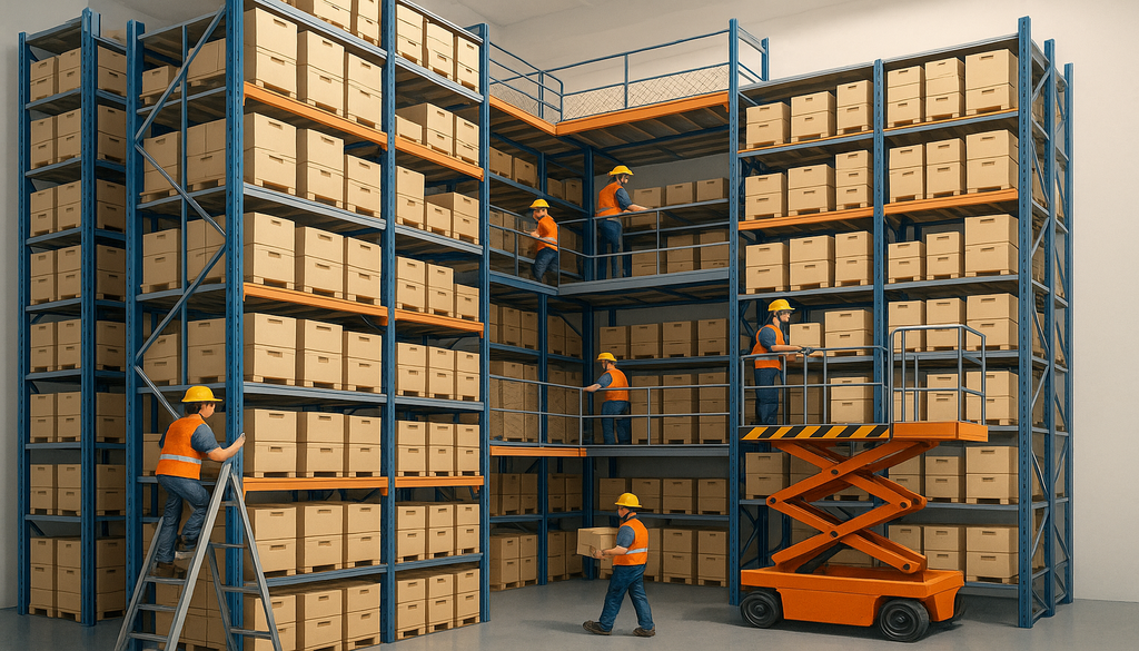 Workers optimizing warehouse operations using scissor lifts and ladders among tall storage racks