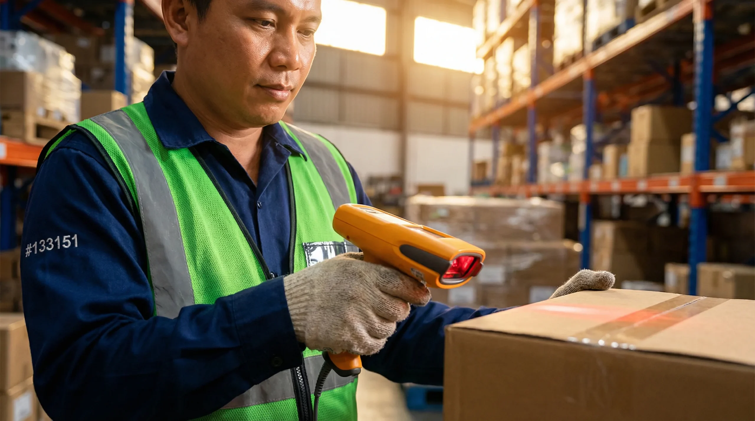 Warehouse worker scanning barcode on package