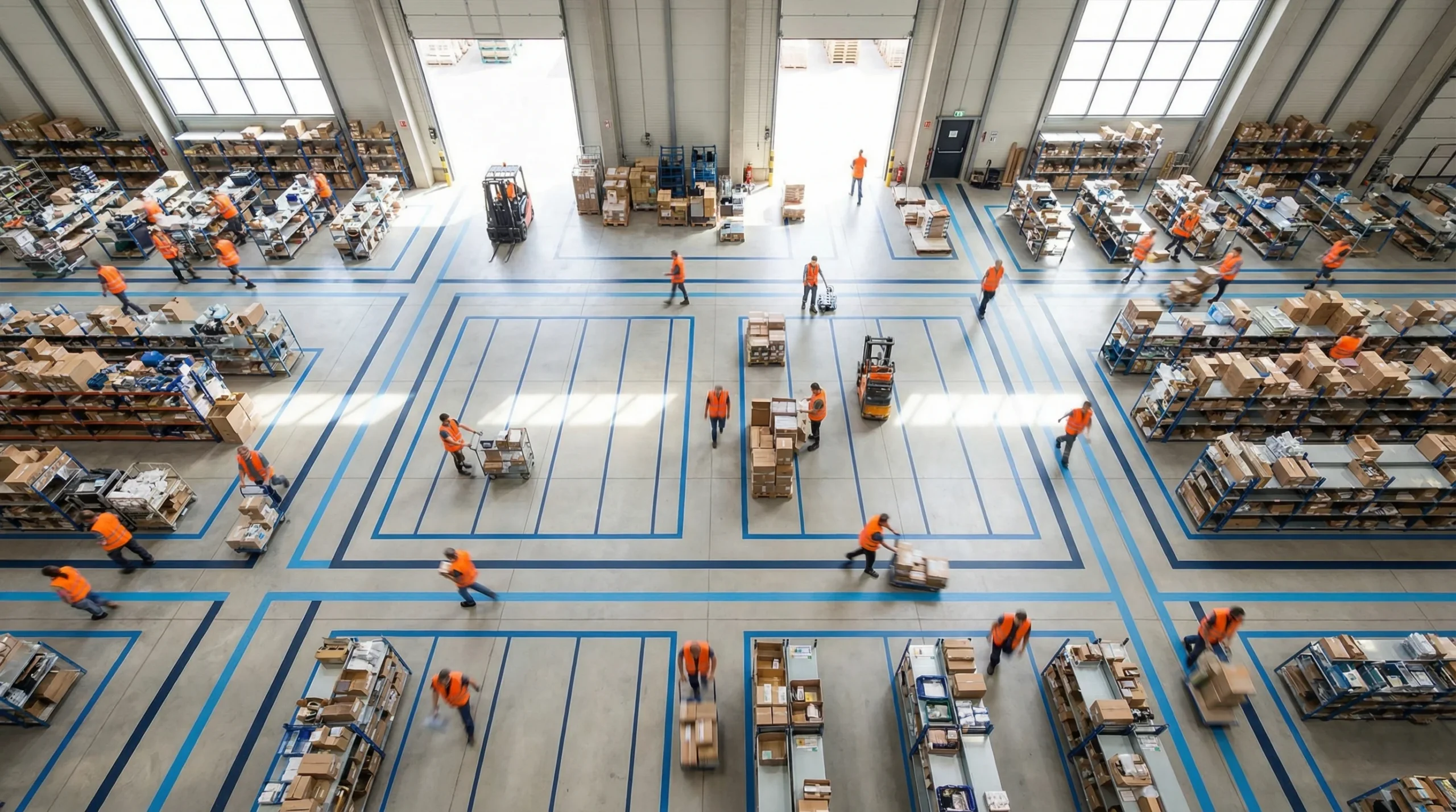 Aerial view of organized warehouse floor
