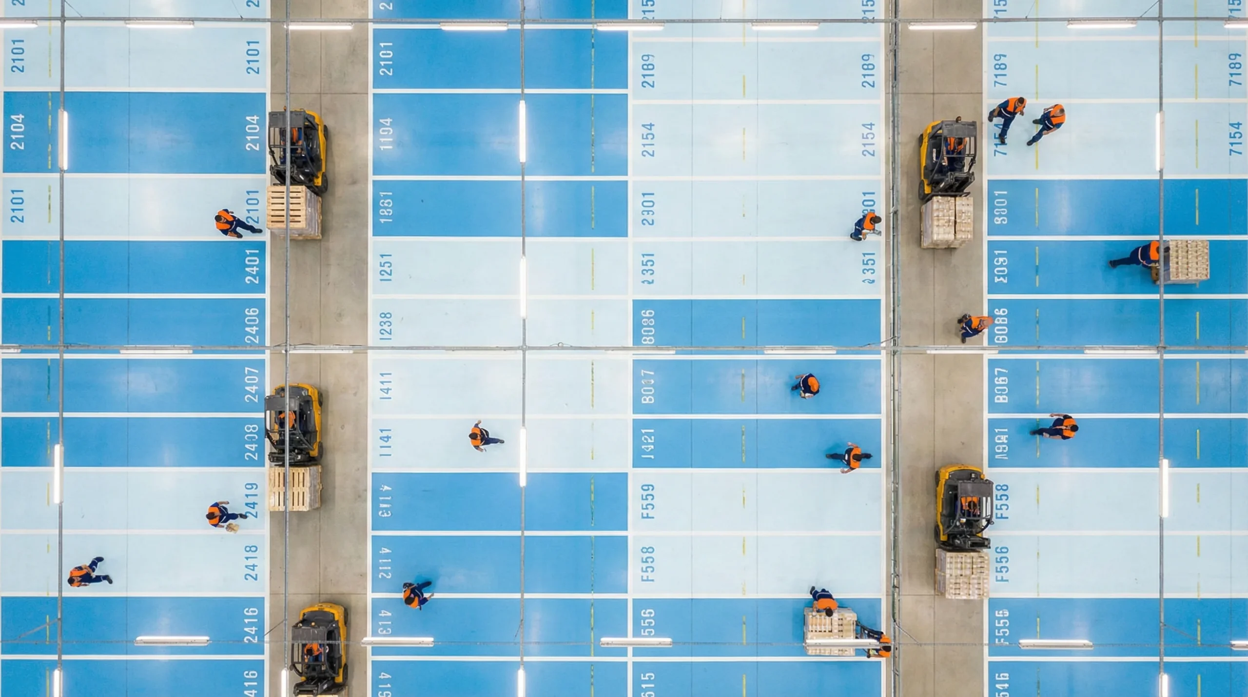 Overhead view of organized warehouse zones