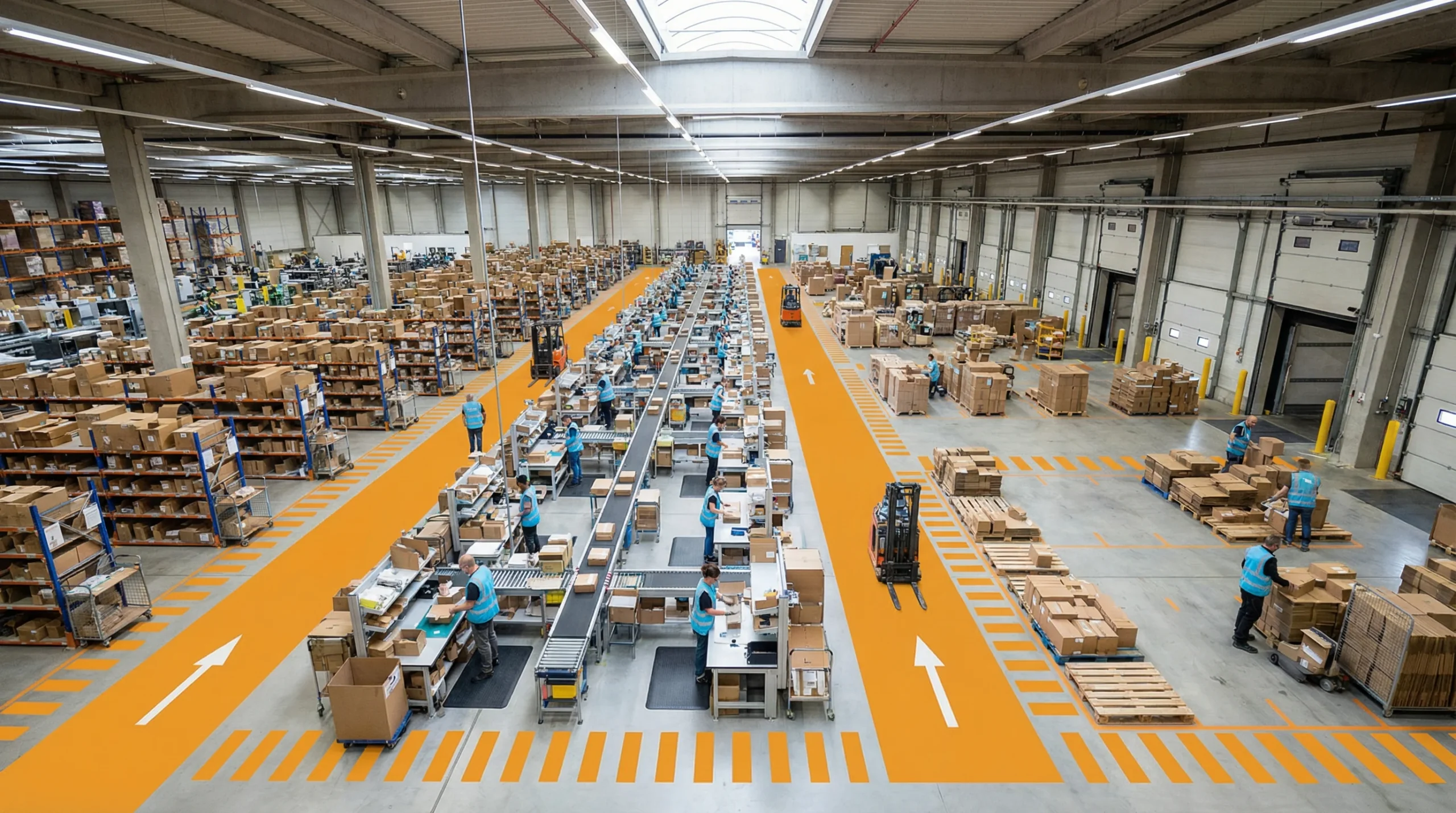 Aerial view of organized warehouse floor