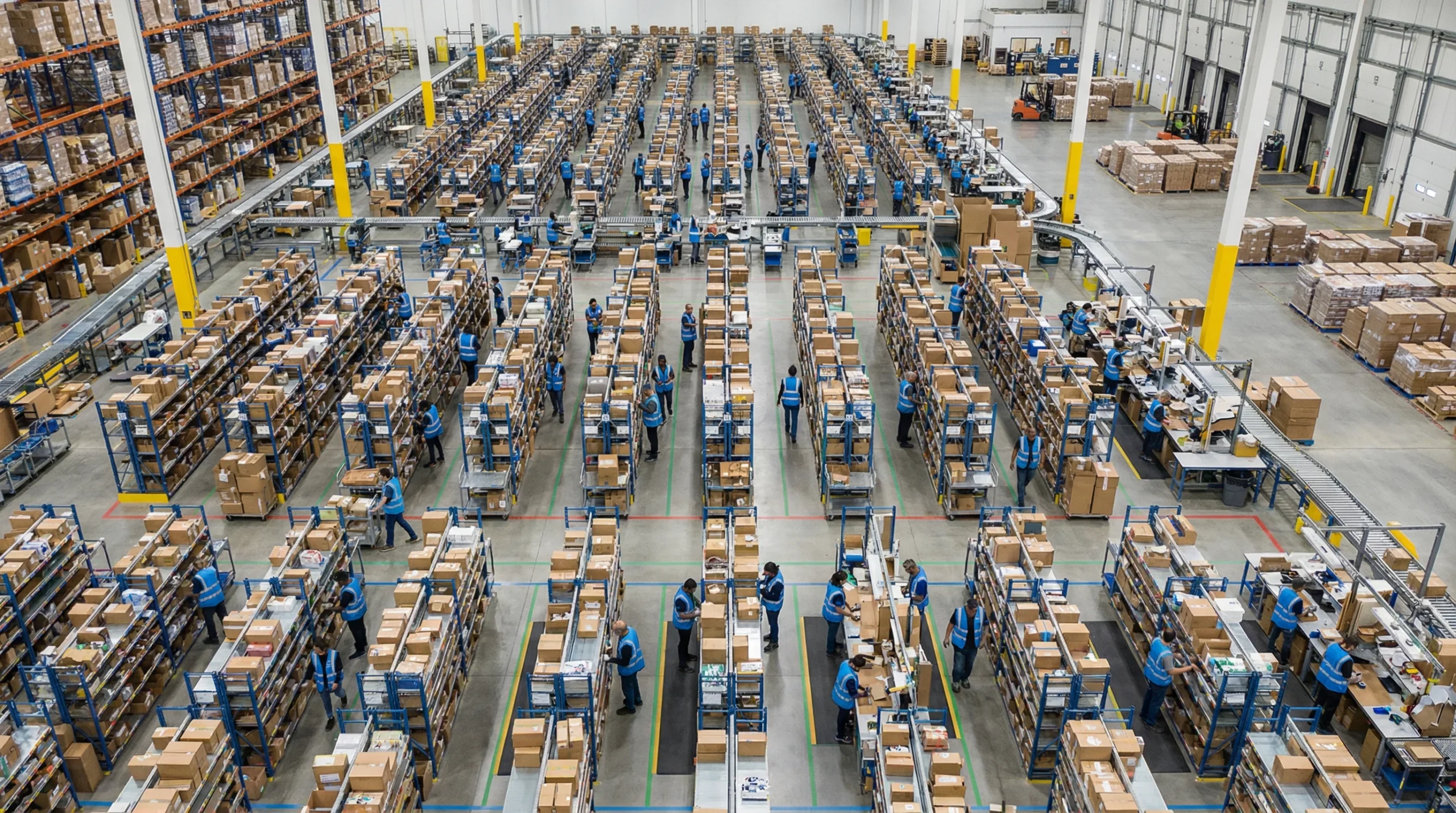Aerial view of organized warehouse floor.