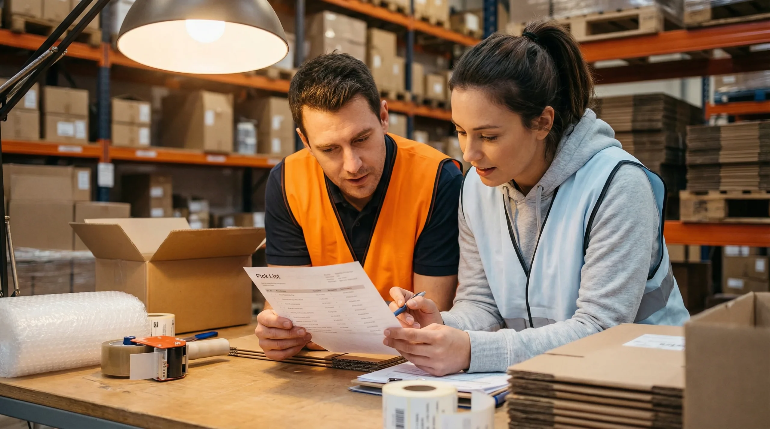 Warehouse workers reviewing pick list.