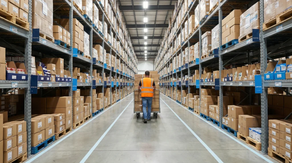 Warehouse aisle with worker and shelves