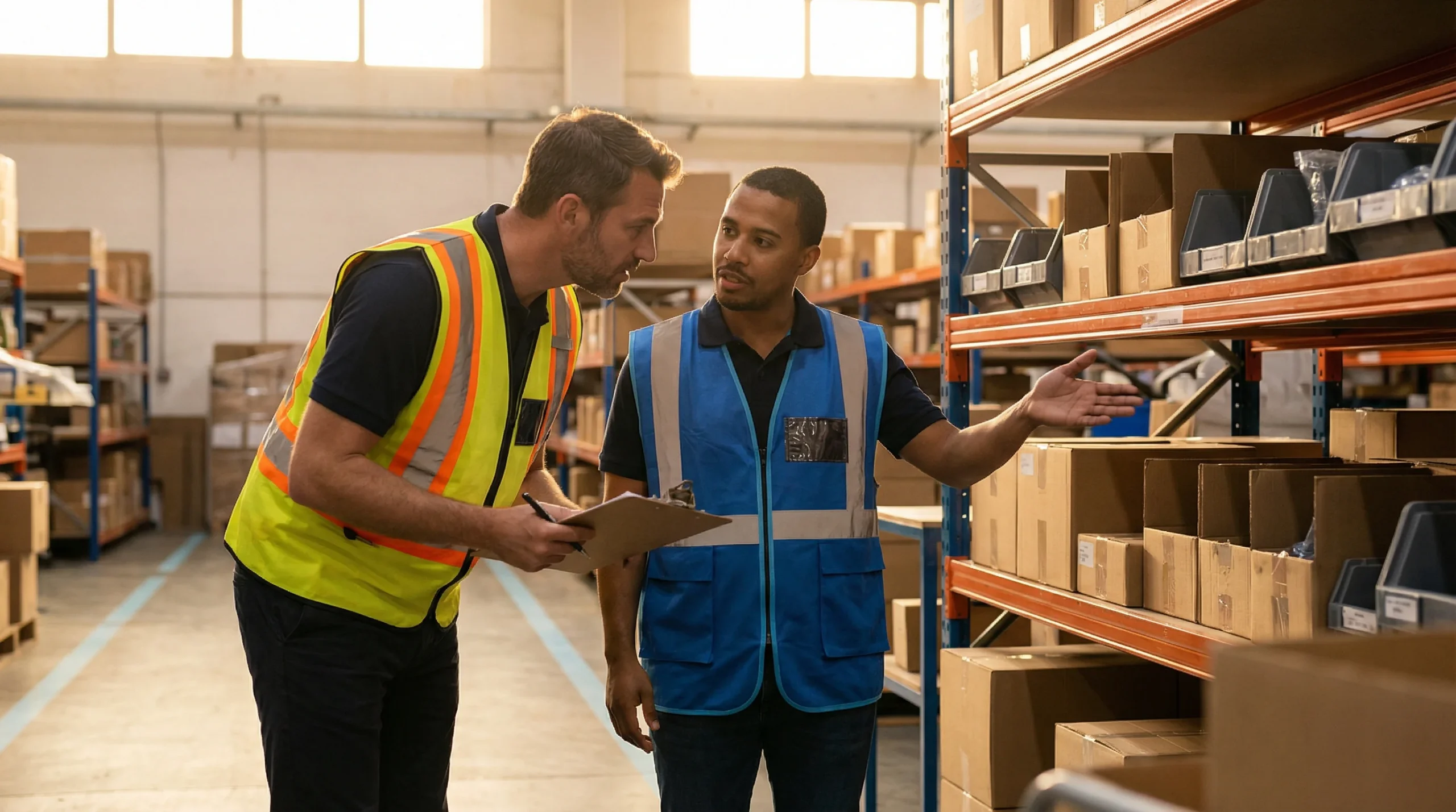 Supervisor and worker in warehouse