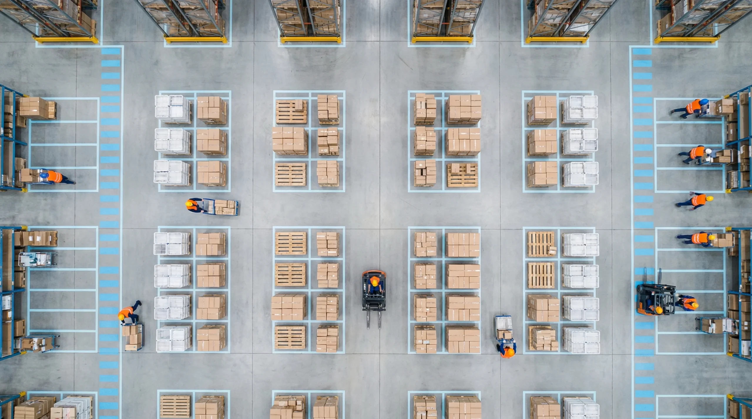 Aerial view of organized warehouse floor