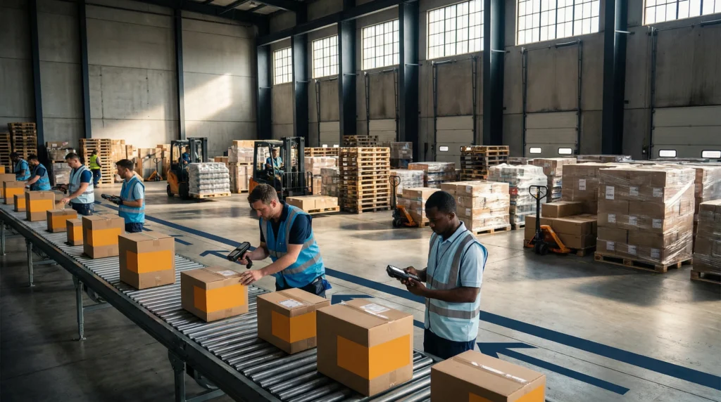 Warehouse receiving dock with conveyor belt