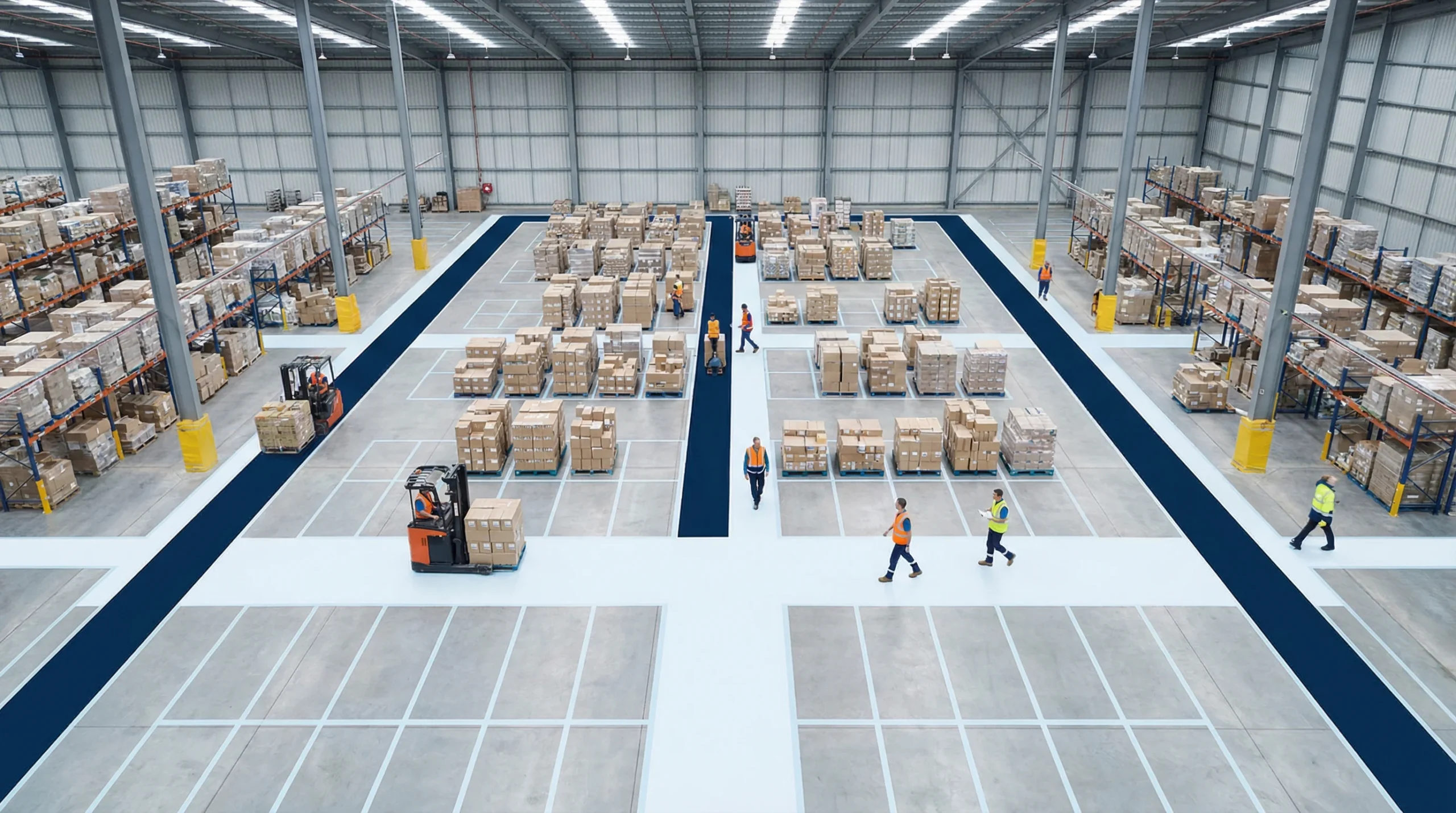Aerial view of organized warehouse floor