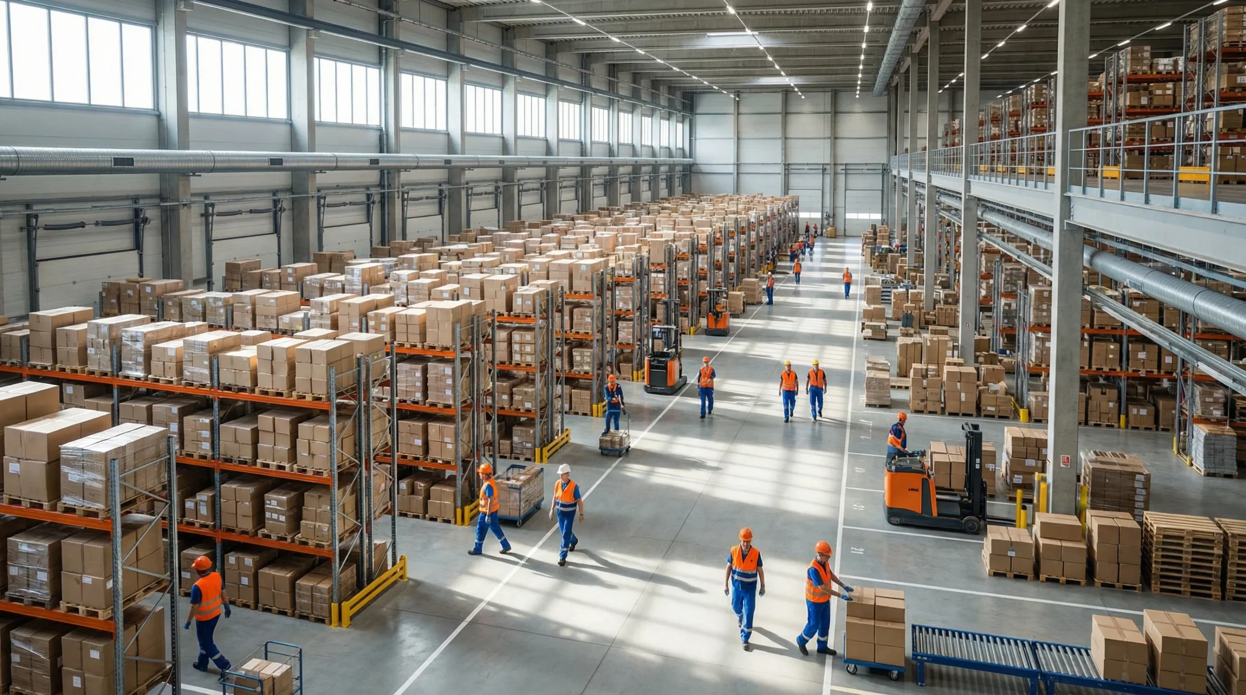 Wide shot of distribution center operations.