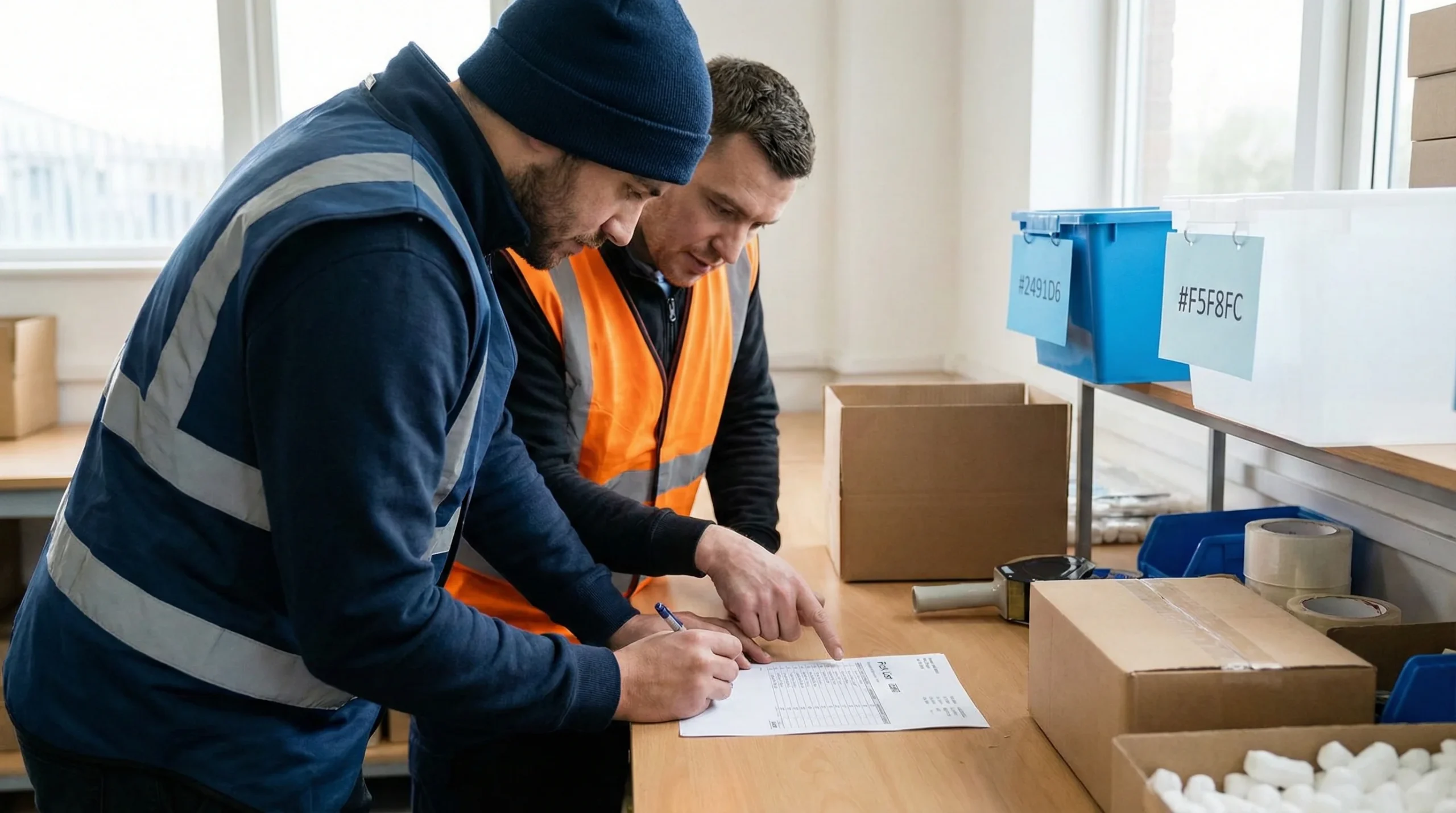 Workers reviewing pick list at packing station