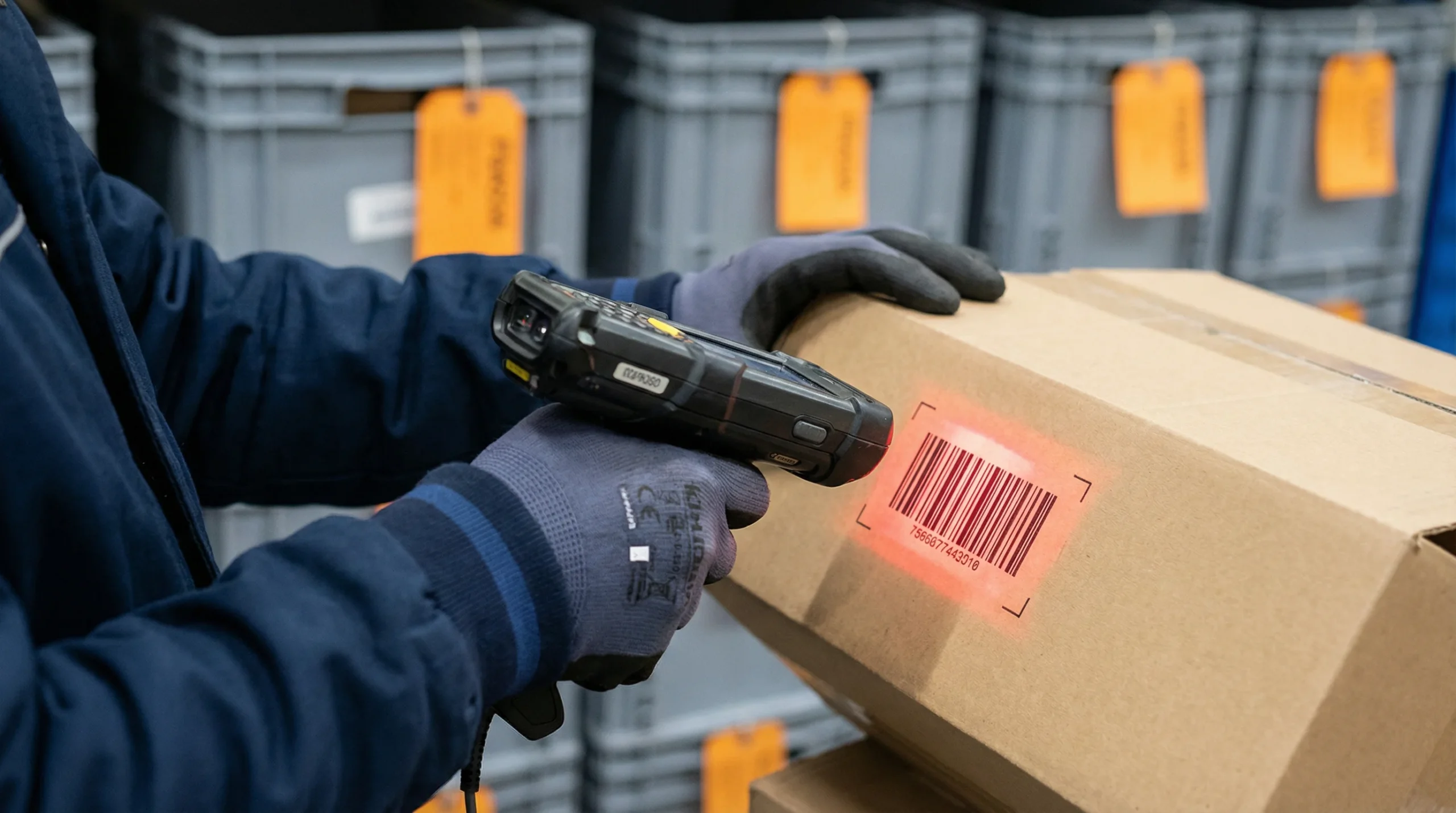 Warehouse worker scanning barcode on package