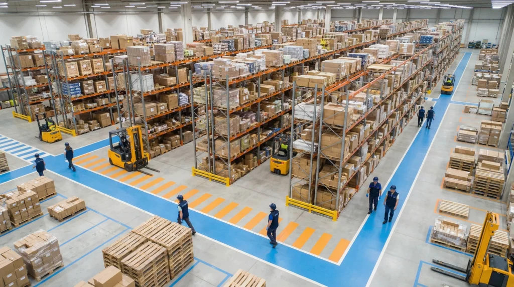 Aerial view of warehouse logistics operations