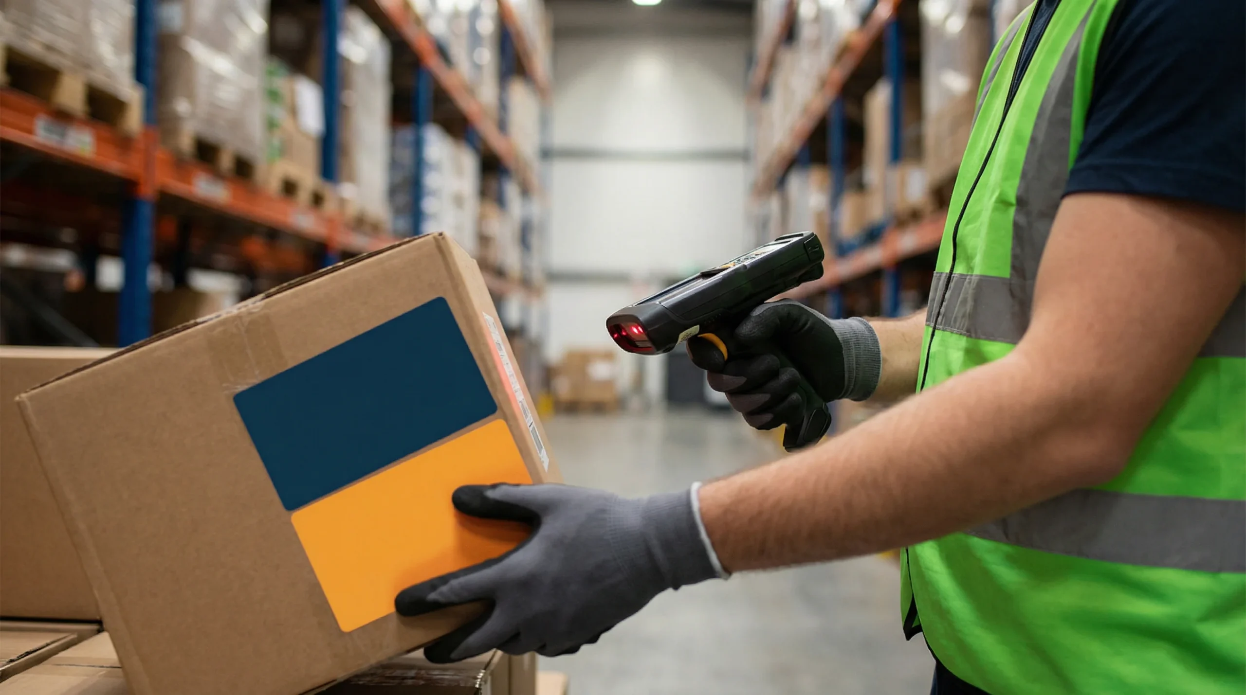 Warehouse worker scanning barcode on package