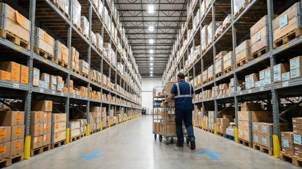 Warehouse aisle with tall shelves