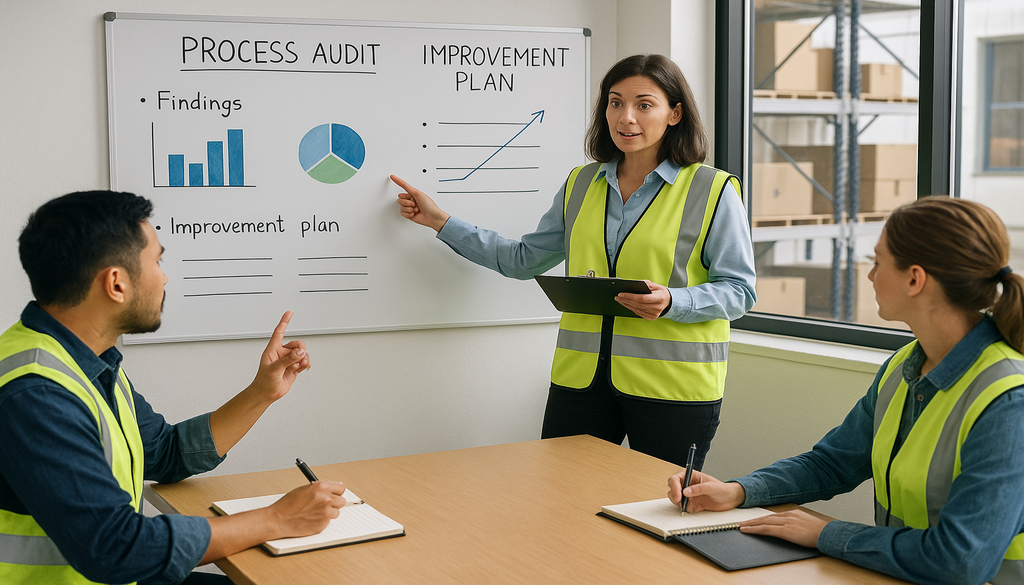 Warehouse team conducting process audit meeting with improvement plan charts on whiteboard